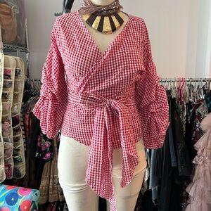 Gingham wrap top with a puff sleeve